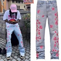 Men's Straight-Leg Denim Jeans, Vintage-Inspired Embroidered Streetwear Pants, Non-Stretch Classic Fit For Urban & Casual Style