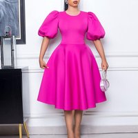 Women's Clothing Women's Round Neck Temperament Bubble Sleeve Wrapped Waist Large Swing Dress A-line Dress