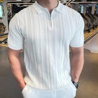 Half Zip Short Sleeved POLO Shirt British Retro Style Jacquard Collar Ribbed Knit T Shirt
