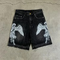 Retro Harajuku Loose Fit Printed Denim Shorts Casual Street Style Washed Capri Pants Summer Fashion