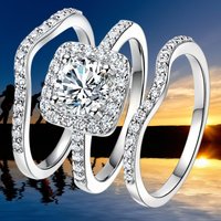 Three-Piece Set Simple Elegant Square Zircon Stacking Style Rings For Women Exquisite Jewelry Wedding Gift