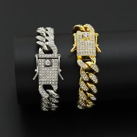 Hip Hop Shiny Cuban Link Chain Bracelets Women Men Gold Color Rhinestone Iced Out Chain Bracelets Punk Wristband Jewelry