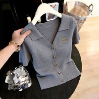 Women's Gray Casual V Neck Short Sleeve Knit Top Spring Summer New Elegant Slimming Commuter Fashion