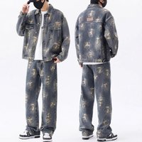 Men's American Style Trendy Jacquard Denim Jacket High Street Retro Loose Straight Leg Jeans Suit For Spring Autumn
