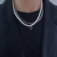 Trendy Titanium Steel Necklace Hip Hop Style Pearl Love Zircon Pendant Men's And Women's Double Layer Clavicle Chain