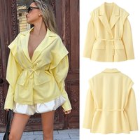 Women's Belted Blazer – Wide Shoulder Trench Coat Style Jacket (Black/Yellow, S-L)