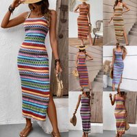 Personality Street Fashion Casual Striped Sleeveless Square Neck Dress