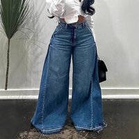 Y2K Retro Wide Leg Jeans – Distressed Washed Flared Denim Pants Fringe Hem