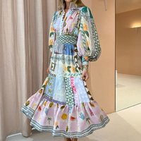 Clothing Spring Temperament Commuting Painted Print Lantern Long Sleeve Waist Large Swing Dress Female