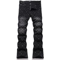 European Station American Style Trendy Brand New Black Gray Washed Scratched Patch Paint Graffiti Stretch Slim Fit Jeans