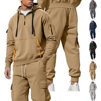 Men's Fleece Hooded Zip-Up Jacket & Cargo Pants Set - Streetwear Casual Outfit For Fall Winter, Multi-Pocket Utility Style (Khaki, Navy)