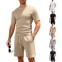 Men's Summer 2-Piece Set Jacquard Short Sleeve T-Shirt & Drawstring Shorts Casual Outfit