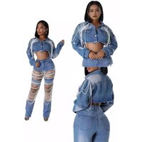Women's Clothing Denim Jacket Women's Fashion Pearl Chain Handmade Beaded Denim Jacket