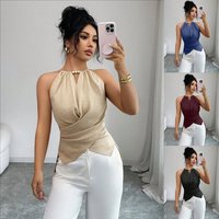 Halter Neck Crossover Sleeveless Top Slim Fit Solid Casual Blouse Elegant Daily Wear