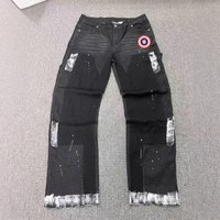 Clothing Menswear Trendy Patchwork Distressed Washed Denim Cargo Pants Hand Painted Finish US Round Logo.