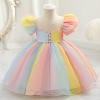 Girls‘ One Year Old Dress Tutu Skirt Summer Baby Girl Puff Sleeve Princess Dress Children’s Rainbow Gradient Dress