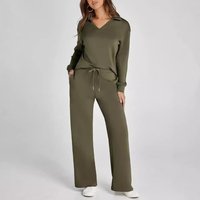 Clothing Loose V Neck Long Sleeved Top Drawstring Design Elastic Waist Flared Trousers Two Piece Set