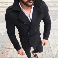 Men's Coats Fashion Woolen Autumn Winter Lapel Double Button Windbreaker Trench Coat Belt Cold Resistance Mid-Long