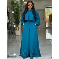 K Round Neck Irregular Lantern Sleeve Top Nail Bead Wide Leg Pants Set. No Glasses Or Other Accessories