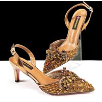 Women's pointed high heels, rhinestones and coral stones, fashionable and elegant party style
