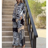 clothing cotton linen printed long sleeved casual straight pants two piece suit