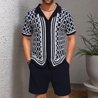 Jacquard Sweater Short Sleeved Cuban Collar Knitted Shorts Suit
