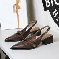 2838-7 Fashionable Brown Camellia Single Shoe With Wide Thick Low Heel, Empty Rear Hook Strap, Women’s Shoes