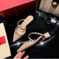 Heels Sandals Chunky Heel Pumps V Alentino Rivet Sandals Summer Versatile Studded Chunky Heel Mid Heel Sandals Pointed Toe Half Mules