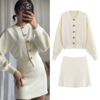 Stylish Button Detail Knit Cardigan & High Waist Mini Skirt Set – Trendy Streetwear Outfit 