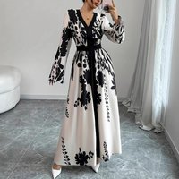 Muslim Women’s Modest Long Dress – Middle Eastern Ethnic Print V-Neck Maxi Dress (Loose Fit, Ramadan & Eid Wear, Breathable Fabric)