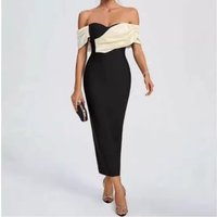 Sexy Off Shoulder Strapless Block Pleated Bandage Dress Banquets European American Cross Over Style