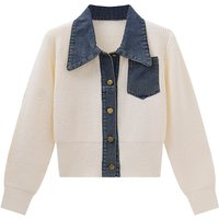 Women's Denim Splicing Knitted Cardigan Sweater Autumn Winter Waist Lapel Ribbed Temperament Top Plus Size Outwear