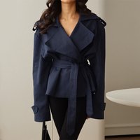 Women's Slim-Fit Short Trench Coat With Belt & Turn-Down Collar – Classic Solid Color For Autumn & Winter