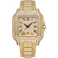 Men’s Fashion Square Watch With Full Diamond Accents, Roman Numerals, And Quartz Movement – Waterproof, Stainless Steel Band, Mineral Glass