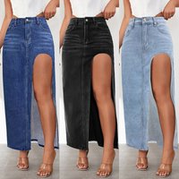 Clothing high slit denim skirt 2024 spring summer style washed solid mid length skirt