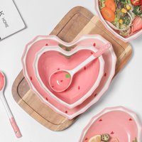 Strawberry Heart Shaped Ceramic Bowl Plate Spoon Set Ins Style Dessert Tableware Microwave Safe Cute Gift Couples Family Friends