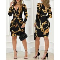 Women's Fashion Irregular Long Sleeve V-neck Wrap Hip Dress
