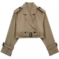 Stylish Belted Short Jacket For Women - Casual Long Sleeve Polyester Cotton Blend Cropped Coat With Notched Collar