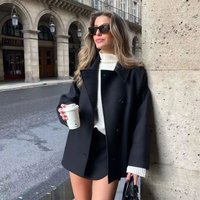 Trendy Oversized Wool Blend Coat Lightweight Short Jacket Lapel Collar Button Detail Casual & Elegant Outerwear Fall & Winter