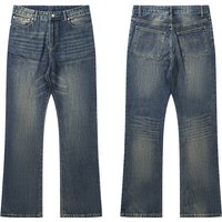 Men's Clothing Fashion Week Bamboo Cotton Washed Vintage Distressed Bootcut Straight Flared Denim Pants