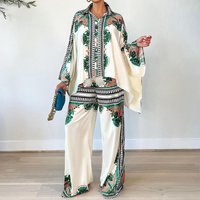 clothing autumn fashion printed lapel bat sleeve top loose trousers two piece set