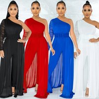 Clothing solid sexy mesh see through one shoulder slope collar long sleeved long pants jumpsuit