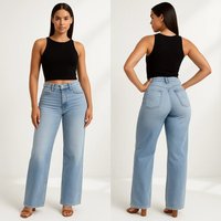 Vintage Straight Leg Jeans Mid Rise Stretch Denim Pants Slimming Fit & Butt Lifting Design Blue & Light Blue Wash 