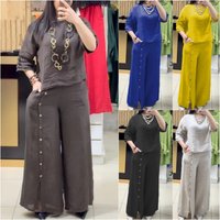 Clothing Fashion Casual Loose Solid Cotton Linen Short Sleeved Shirt Long Pants Two Piece Suit