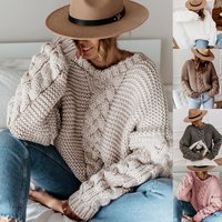 Women's Solid Color Pullover V-neck Twist Loose Sweater Casual Knitwear