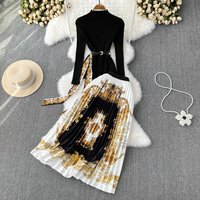 Women's fashion stand collar slim knit top two-piece set