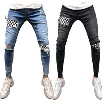 Men's Jeans Ripped Zipper Plaid Jeans For Men