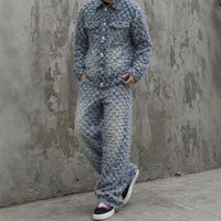 American Style Frayed Crocheted Denim Jacket Trendy High Street Washed Jeans Clothing Set