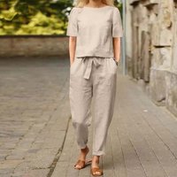 Cotton Linen Summer Suit Half Sleeved O neck Oversized Cover Up Shirt Wide Leg Pants Set Home Clothing