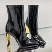 Elegant Metallic Gold-Heeled Pointed Toe Ankle Boots - Genuine Leather Side Zipper Fashion Boots For Women (8cm Heel, Black)"